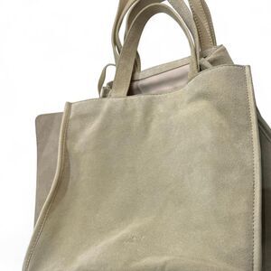 MARGOT NEW YORK Jamee Genuine Leather Suede Double Handle Tote w/ Pouch Cream